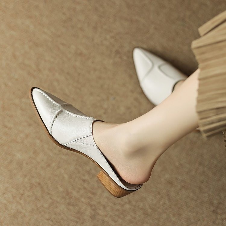 Outerwear half slippers 2024 spring and summer new women's shoes pointed toe one-word strap medium heel shoes on behalf of_voghion.com