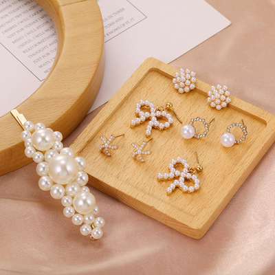 the republic of korea Dongdaemun Pearl Earrings Geometry Diamond 5 sets combination Earrings Autumn and winter Simplicity Versatile Jewelry