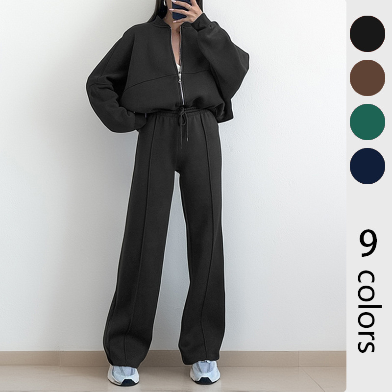 European and American Foreign Trade Women's Clothing Spring New Fashion Casual Sports Solid Color Long-Sleeve Zip-Up Straight-Leg Pants Sweatshirt Set European and American Foreign Trade Women's Clothing Spring New Fashion Casual Sports Solid Color Long-Sleeve Zip-Up Straight-Leg Pants Sweatshirt Set