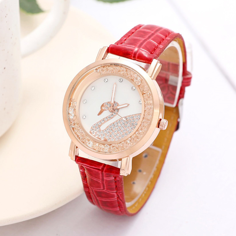跨境专供滚珠镶钻天鹅手表女士石英表韩版女生时尚简约皮带手表
