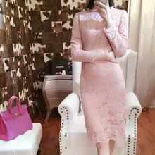 2025秋季新款女装温柔气质粉蕾丝裙修身长袖连衣裙淑女包臀裙5884