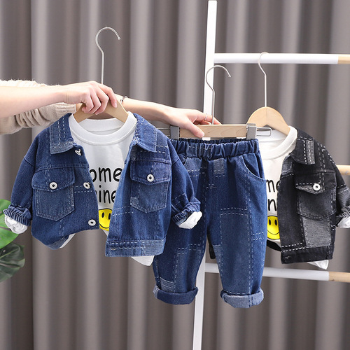 2024 Spring and Autumn Fashionable Boys Suit Block Denim Jacket Spring Three-piece Suit Boy Boy Handsome Trendy Children's Clothing
