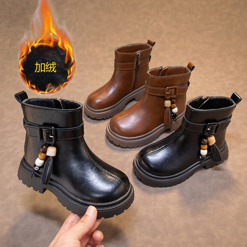 2025 Winter New Style Two-Cotton Short Velvet Kidsren's Shoes Korean Style Girls' Leather Boots Kidsren's Short Boots Mid-Calf Boots Doll