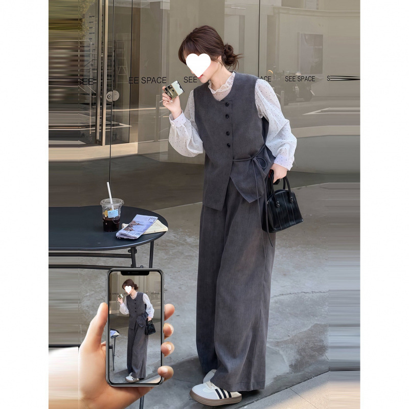 入春搭配一整套大码胖马甲叠穿上衣阔腿裤子韩系减龄复古套装女|undefined