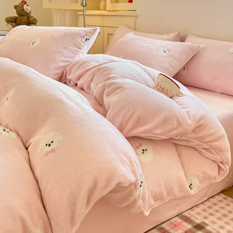 秋冬加厚保暖ins少女心粉小狗牛奶法莱绒1.5m1.8床单被套三四件套
