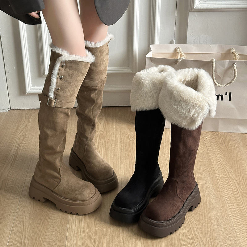 Turn-Over Suede Over-The-Knee Boots for Women 2025 New Autumn and Winter Thick-Soled Boots Fleece-Lined Cotton Boots High Fashion Boots