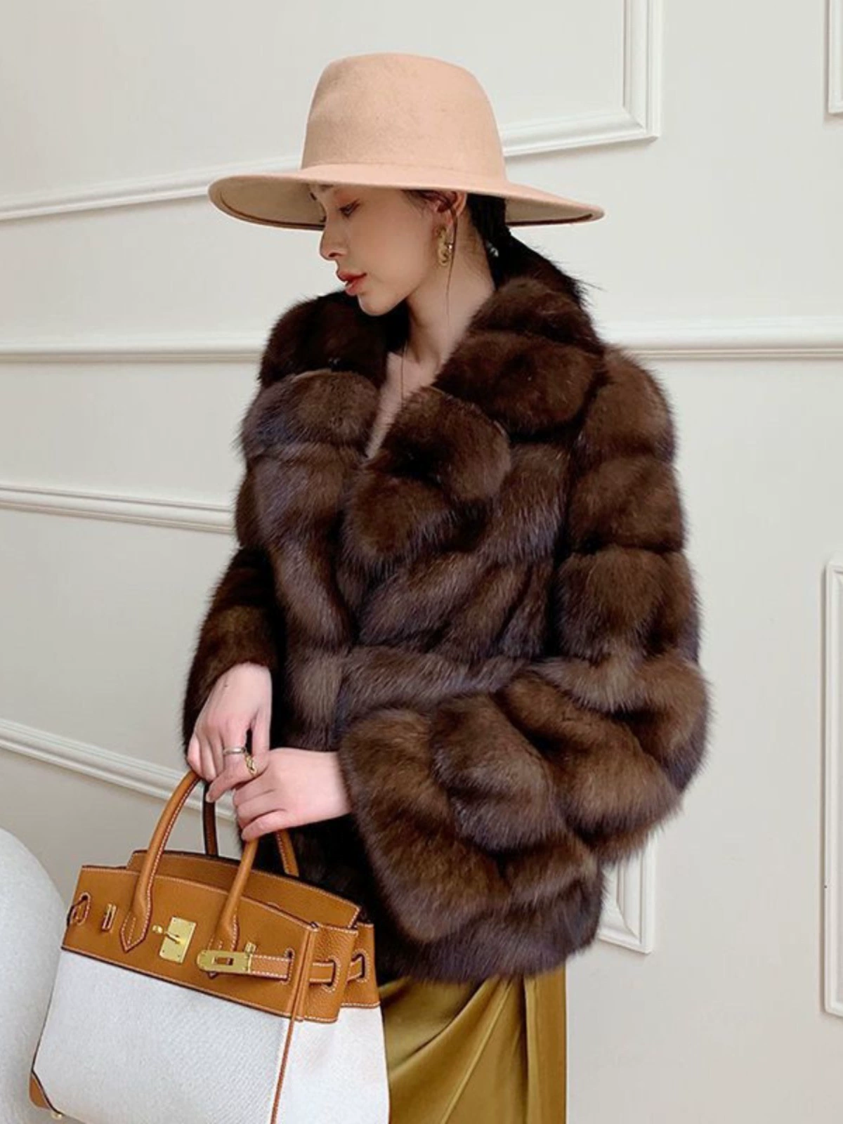 Пальто в sable-стиле, европейская легкая роскошь, chestnut eco‑fur, тёплое, размерыS–L