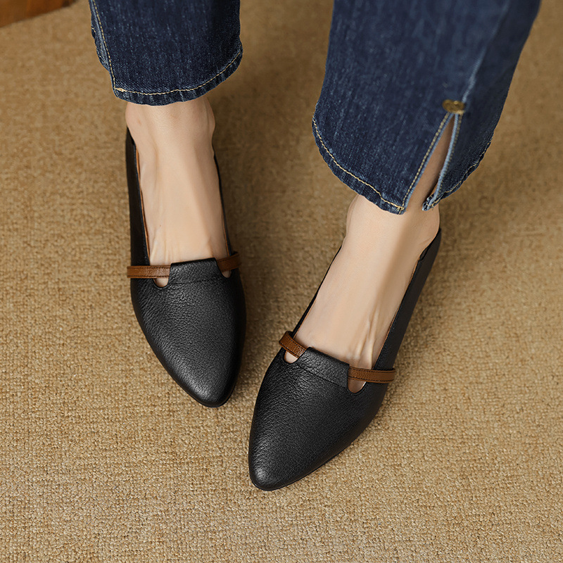 Giày cao gót nữ mũi nhọn da cừu gót thô 5 cm phối màu — đen