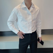 轻熟风双排扣古巴领设计感长袖衬衣男纯色条纹宽松版慵懒潮流衬衫