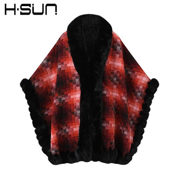 Capa tipo chal de piel sintética para mujer, estilo europeo y americano, para invierno cálido 2023, con cuello de piel sintética de conejo. image 11
