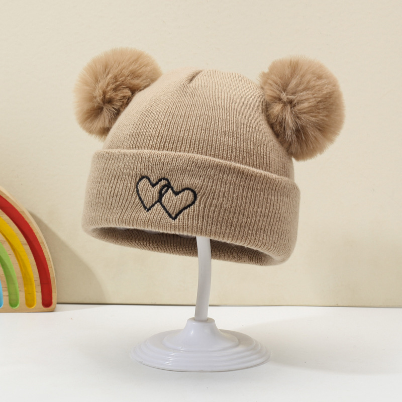 かわいいベビーニット帽、ダブルラブ刺繍、ダブルポンポンウール帽子、赤ちゃんの快適で肌に優しい暖かい防寒帽子|undefined