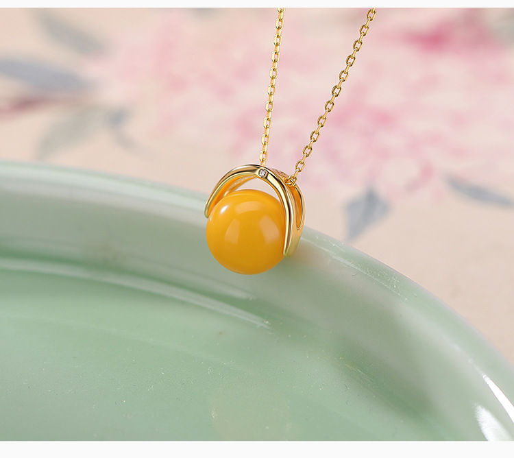 Mặt dây chuyền bạc S925 mạ vàng hồng đính mã não mật ong sáp — Tiền thủy hồng (không bao gồm dây xích) chi tiết 4