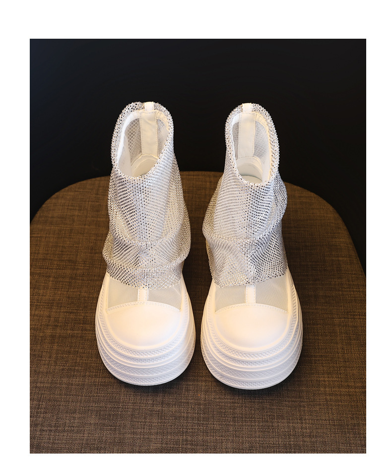 Boot cổ thấp nữ đế dày tăng chiều cao, lưới thoáng khí đính đá rhinestone — màu đen, màu trắng chi tiết 18