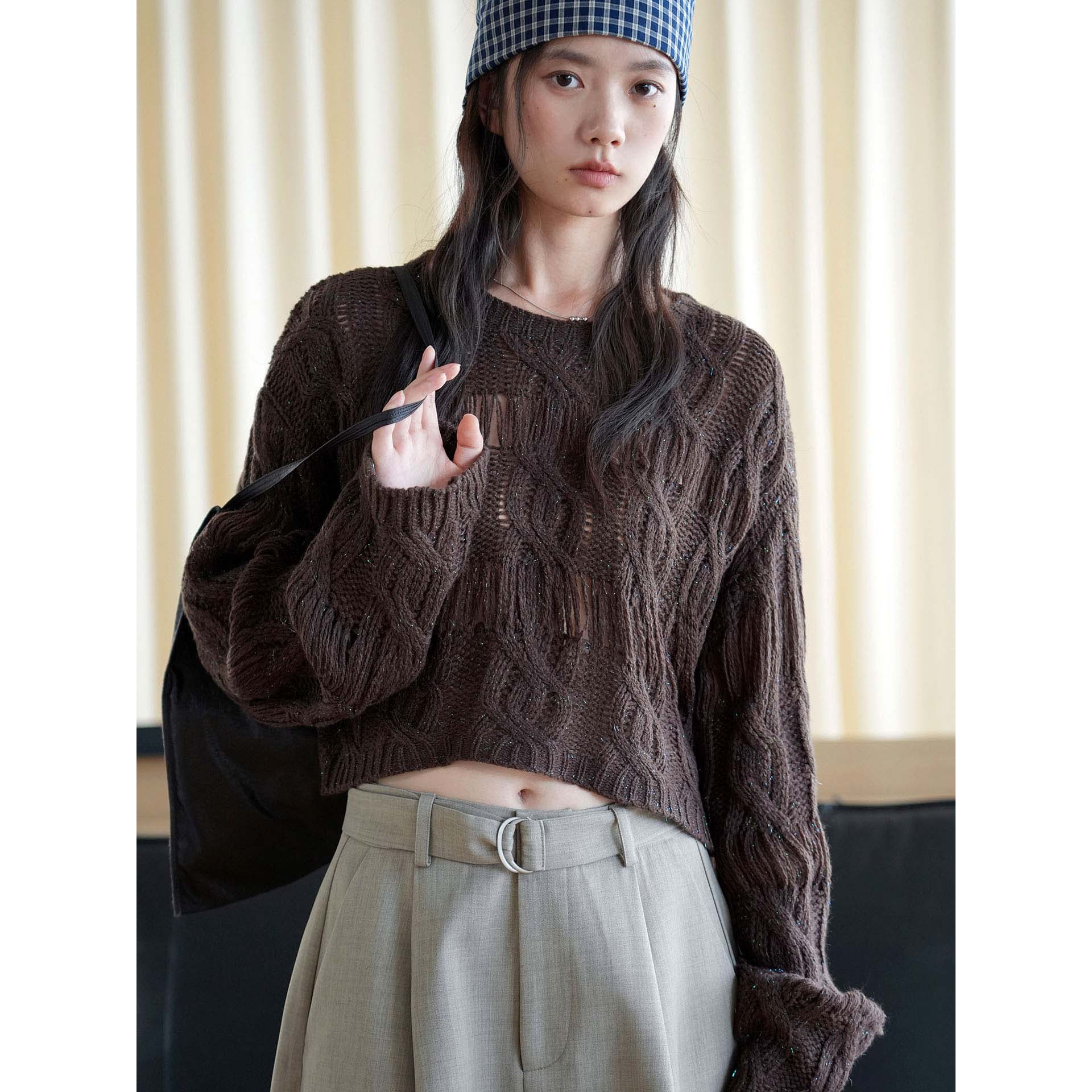 Louvre Autumn New Arrival Japanese Style Cable Knit Crew Neck Short Wool Sweater Women's Top