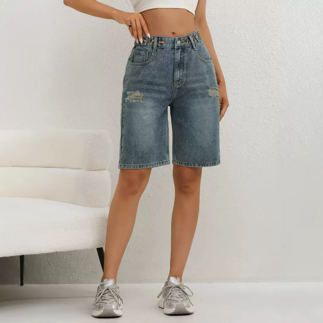 跨境欧美破洞五分中裤宽松显瘦可调节宽松梨型身材女士牛仔中裤