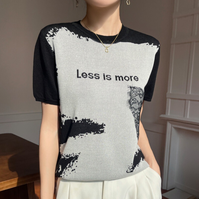 Summer New Style Letter Embroidery Artistic Lace Jacquard Tencel Short-Sleeved Knitwear Women's Round Neck Hooded T-Shirt Trendy Summer New Style Letter Embroidery Artistic Lace Jacquard Tencel Short-Sleeved Knitwear Women's Round Neck Hooded T-Shirt Trendy