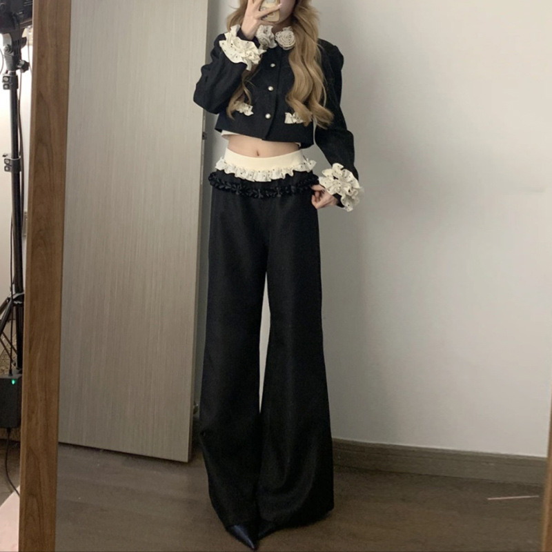Korean Style Pure Desire Heavy-Duty Splicing Suit for Women Spring and Autumn Lace Blazer Cardigan Wide-Leg Long Pants Two-Piece Set