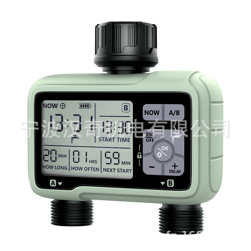 Regador automático de doble salida con pantalla grande, temporizador de doble canal, conector de metal, riego de jardín