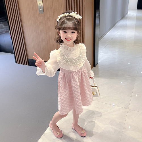 Lace Pearl Dress for Girls 2024 Spring New Fashion Princess Dress for Baby Girls, Cute and Trendy Children's Clothing