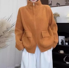 双拉链翻领加厚针织开衫女慵懒风秋冬款韩版宽松显瘦毛衣外套上衣