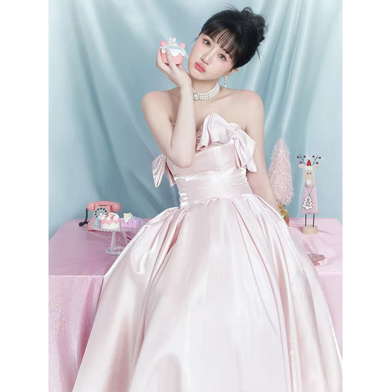 Đầm dạ hội maxi satin thắt eo kiểu Pháp — Màu hồng chi tiết 17