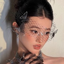 新款新娘头饰高级感法式黑色蝴蝶发夹面纱套装结婚礼服晚礼服饰品