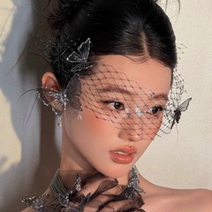 新款新娘头饰高级感法式黑色蝴蝶发夹面纱套装结婚礼服晚礼服饰品