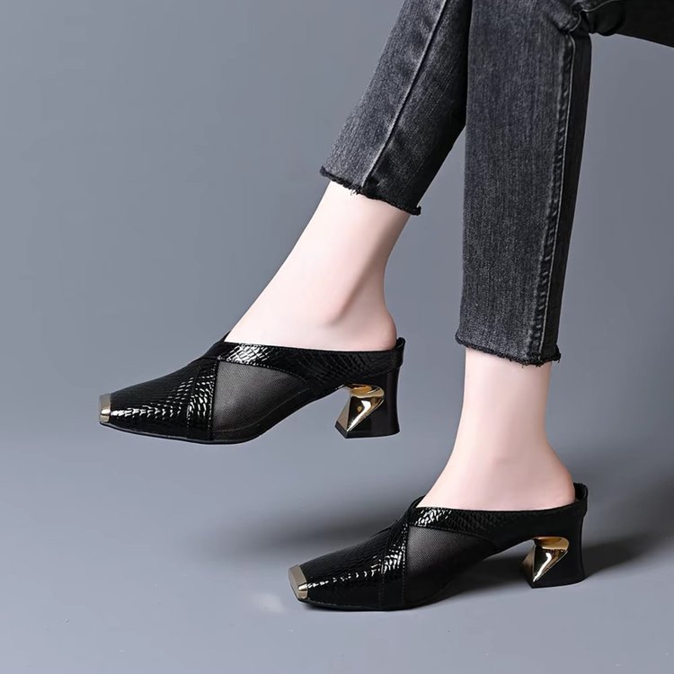 方头半托凉鞋女2025夏季新款粗跟软底网纱透气凉拖鞋中跟凉鞋女