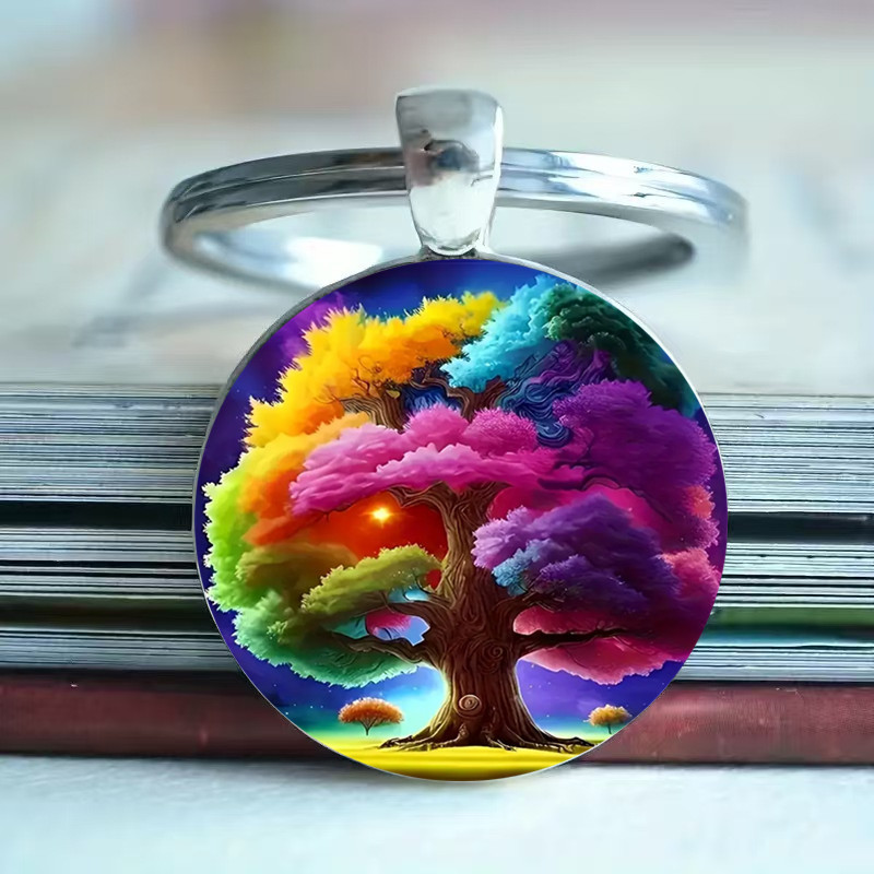 Cross-Border Hot Selling Colorful Tree of Life Pattern Round Glass Keychain Jewelry Wholesale