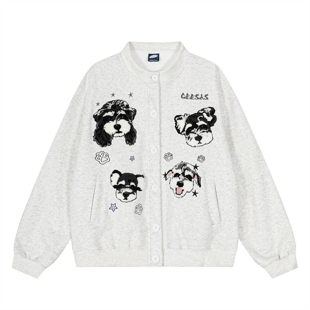 Hayvan Yavrusu Karikatür Nakışlı Yuvarlak Yaka Hırka Sweatshirt Erkek Bol Günlük İlkbahar Sonbahar Beyzbol Ceket Sokak_voghion.com