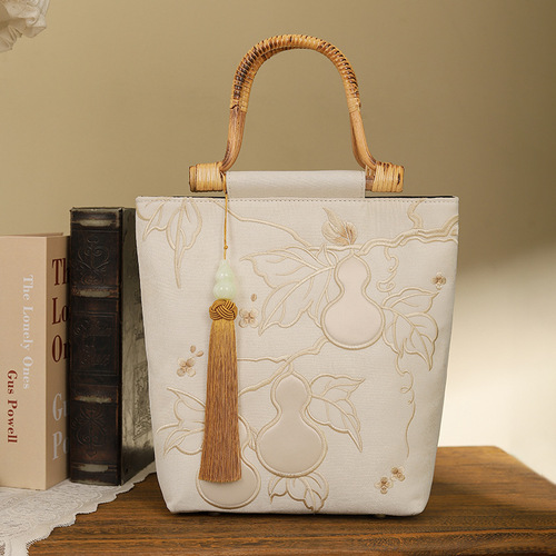 Fulu double wooden handle handbag, antique cheongsam banquet handbag, cheongsam and Hanfu portable bucket bag