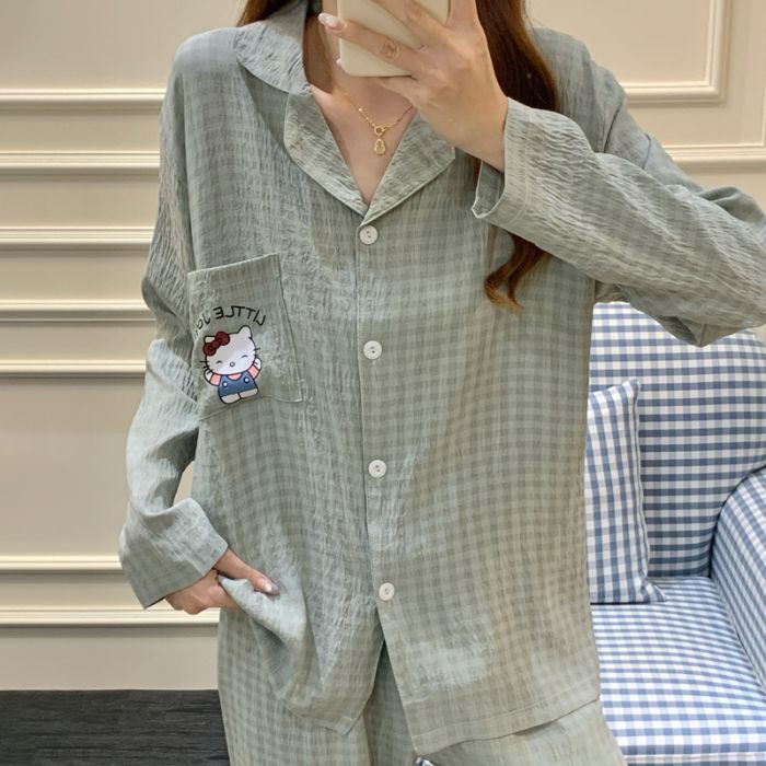 Transmisión en vivo transfronteriza primavera y otoño de manga larga tejida de algodón jacquard pijama de mujer KT gatos bonitos cardigans set