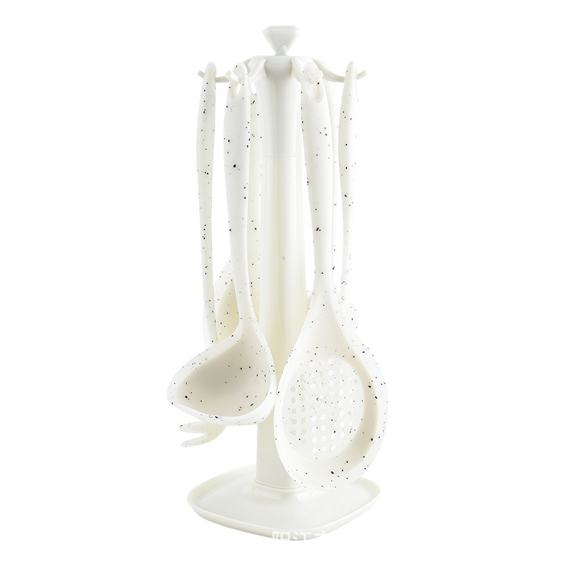 Utensilios de cocina transfronterizos de puntos de color, espátula de silicona semipermeable, soporte de almacenamiento de siete piezas de silicona, colador de pala de silicona en stock