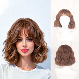 欧美短发假发女全头套巧克力棕色齐刘海波波头bobo化纤发套wigs