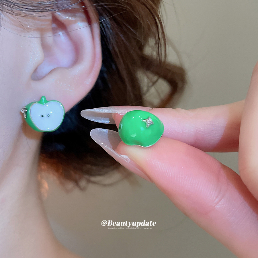 Ensemble de bagues en forme de pomme en forme de C, style forêt, avec aiguille argentée et motif goutte d'huile. Boucles d'oreilles au design unique et frais._voghion.com