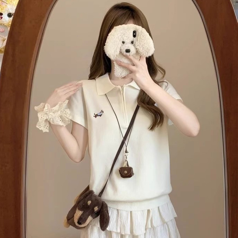 Young Sweet Girl's Knitted Polo Shirt with Short Sleeves Is Sweet, Fresh, Cute and Elegant, Casual, Breathable and Comfortable