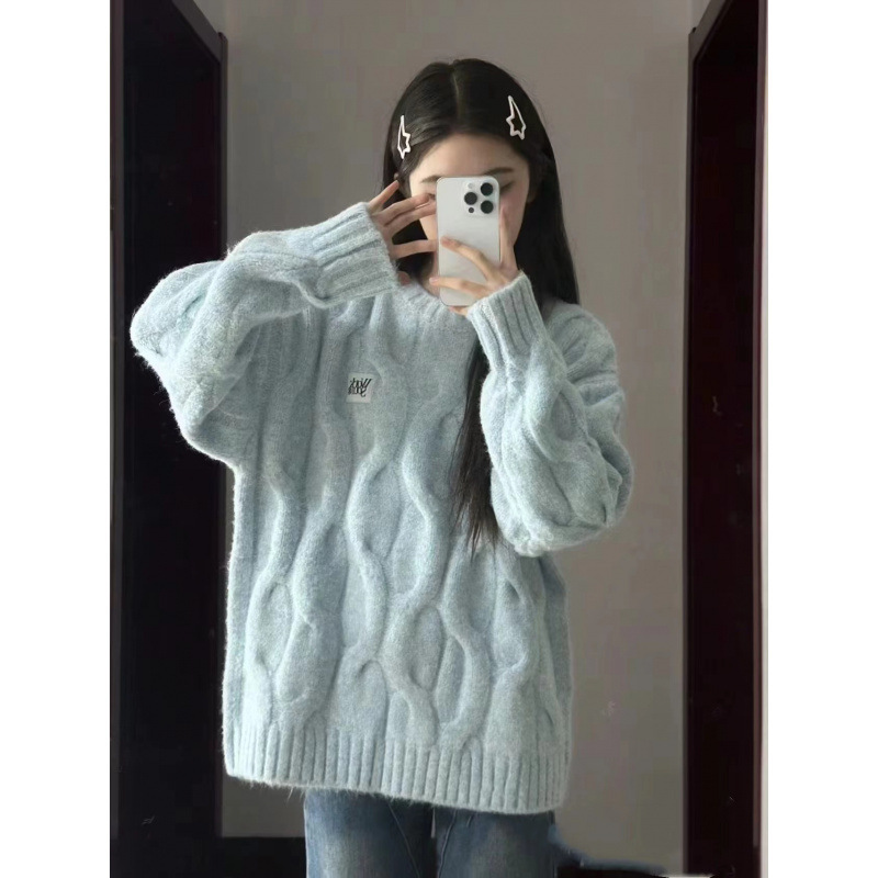 韩系软糯圆领毛衣女秋冬季奶宽松外穿慵懒风加厚针织麻花上衣|undefined