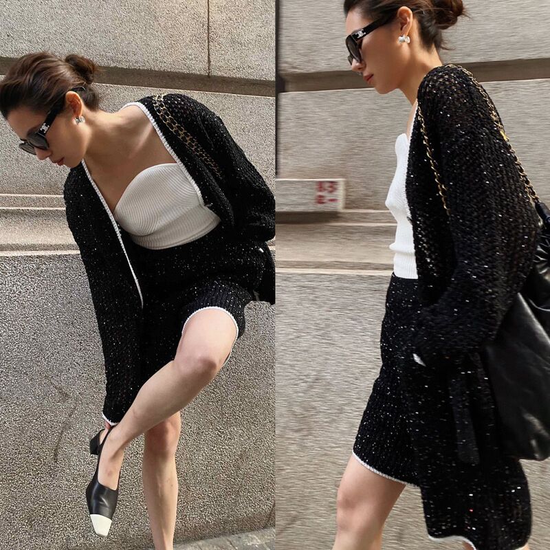 【Clearance Sale 140】Knitted Cardigan with Starry Silk Cotton Sequin Trim, Chanel-Style Loose Straight Fit
