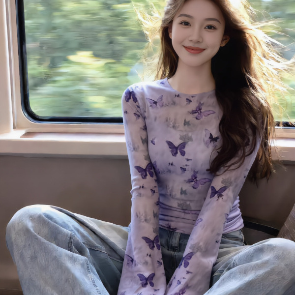 Stylish Purple Butterfly Print Long-Sleeve T-Shirt for Women, Round Neck, Youthful and Chic, Double-Layer Mesh, Unique Air-Conditioning Top