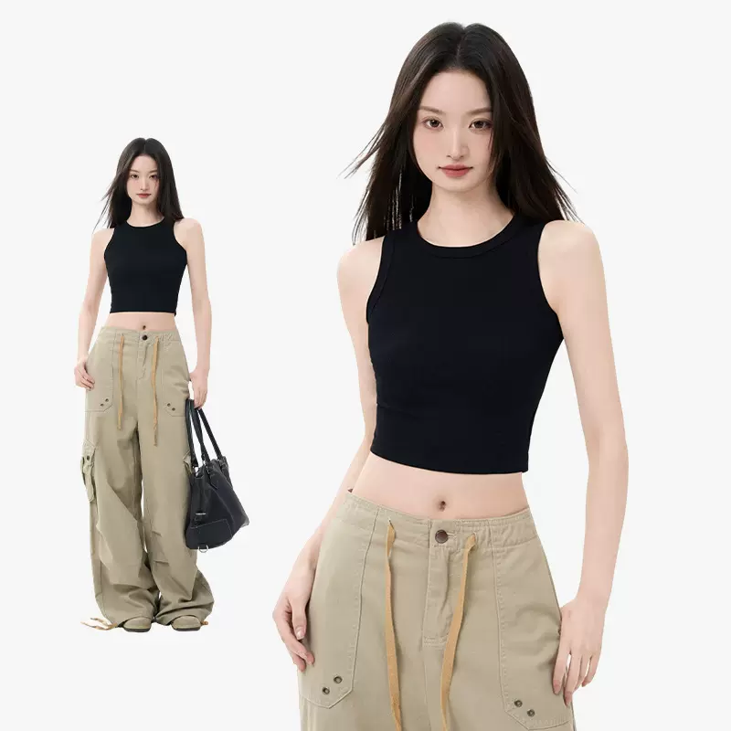 黑色短款圆领吊带背心女夏季2025新款外穿露肚脐辣妹无袖打底上衣