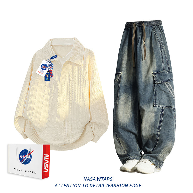 NASA ABOUT美式假两件polo衫卫衣牛仔裤套装男款秋季潮休闲两件套|undefined