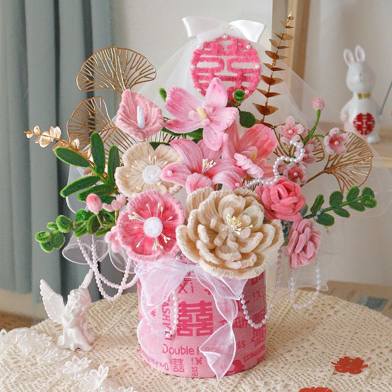 喜字材料包抱抱桶伴手禮喜結良緣婚禮花束diy製作送閨蜜新婚禮物