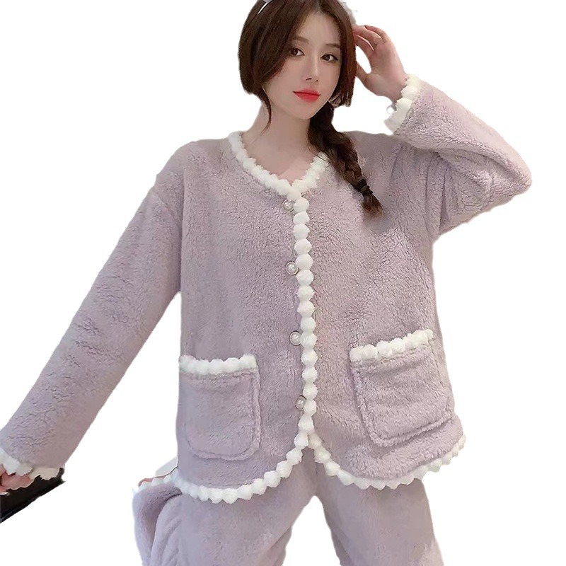 Primavera y otoño nuevo estilo famoso Xiaofang viento pijama conjunto de polvo de coral púrpura terciopelo ropa de hogar de alta calidad se puede usar fuera