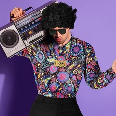 Men's 1970s Disco Fashion Retro Floral Shirt and Bell Bottom Pants Two-Piece Stage Performance Costume Set