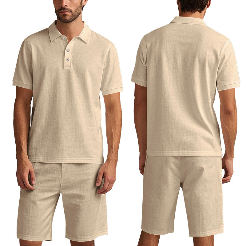 Transfronterizo Amazon americano verano hombre relajado lino transpirable polo camisa de playa manga corta pantalones cortos set