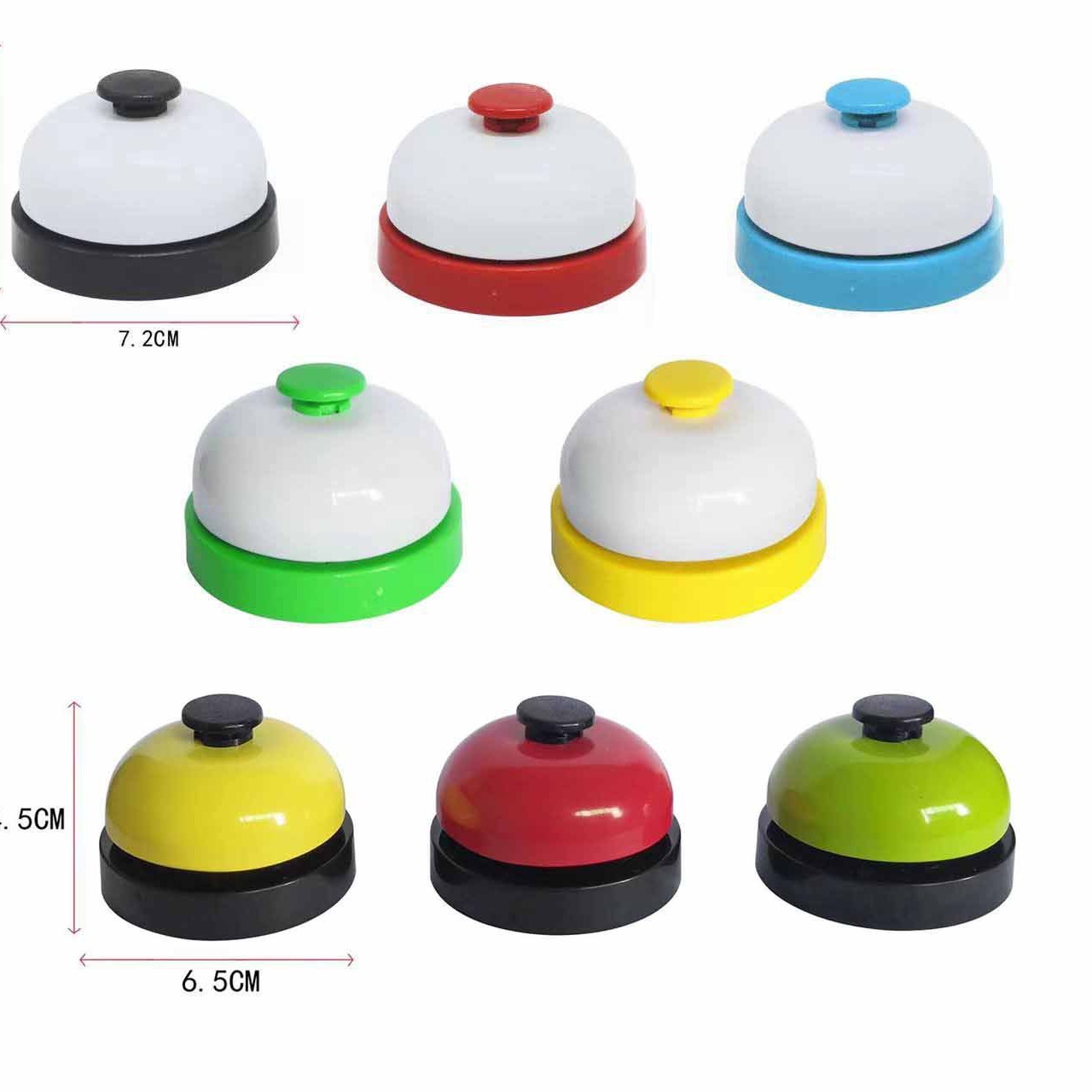 Various types of hand-operated call bells, competition buzzers, front desk serving table bells, pet bells, and metal accessories