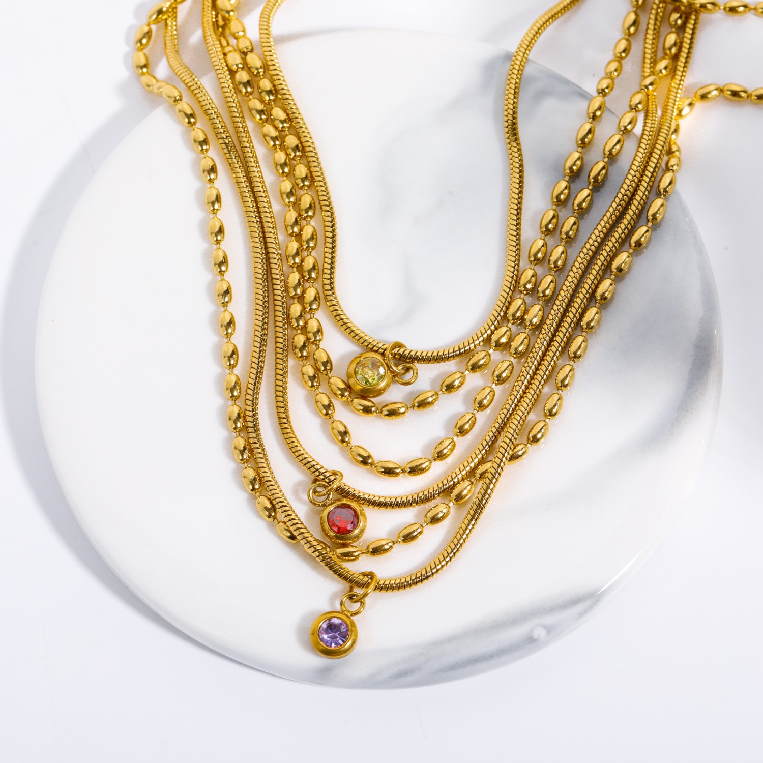 Retro Round Titanium Steel Plating Zircon Layered Necklaces