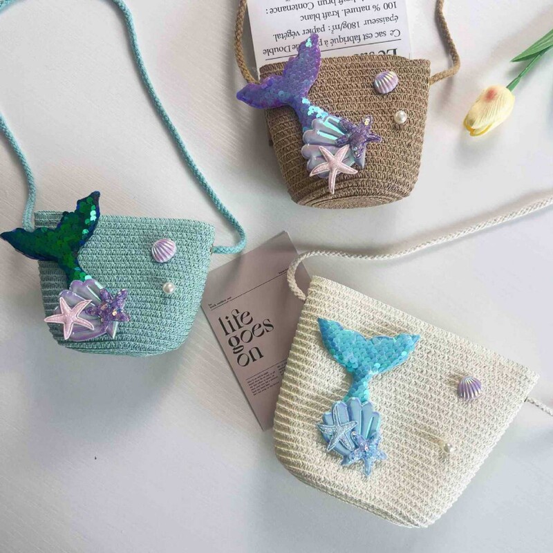 Ins Summer Mermaid Straw Small Bag Crossbody Coin Purse Girl Cute Princess Small Satchel Mobile Phone Woven Bag