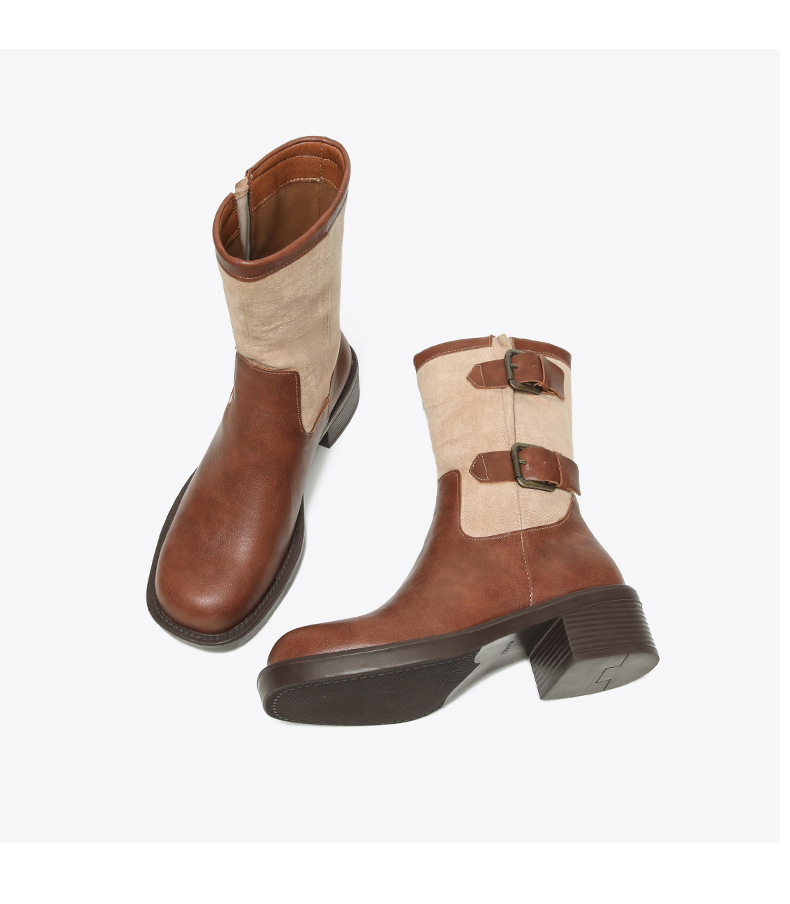 Vintage high-heeled booties Women's boots New fall/winter belt buckle mid-calf single boot chunky heel boots_voghion.com