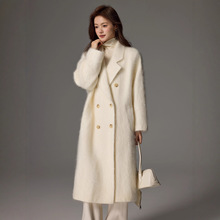 轻奢软糯拉绒10%山羊绒大衣女廓形双排扣白色宽松羊毛中长款外套